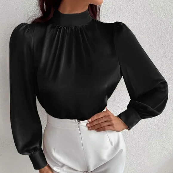 Classic High Neck pleated Satin long sleeve Top - Picture 3 of 11